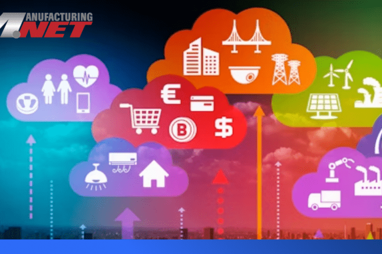 Different colored clouds contains groups of IoT devices connect down to a city skyline. The Manufacturing.net logo appears in the top left.