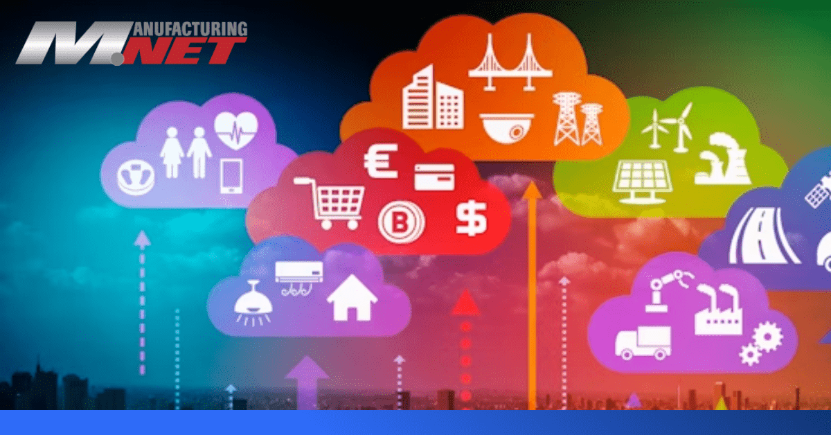 Different colored clouds contains groups of IoT devices connect down to a city skyline. The Manufacturing.net logo appears in the top left.