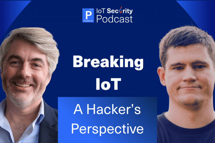 Two men look to camera with white text and a podcast logo in between